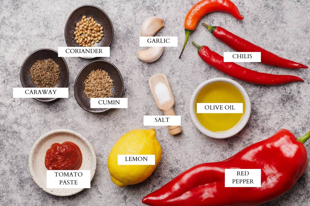 Ingredients laid out to make harissa paste at home.