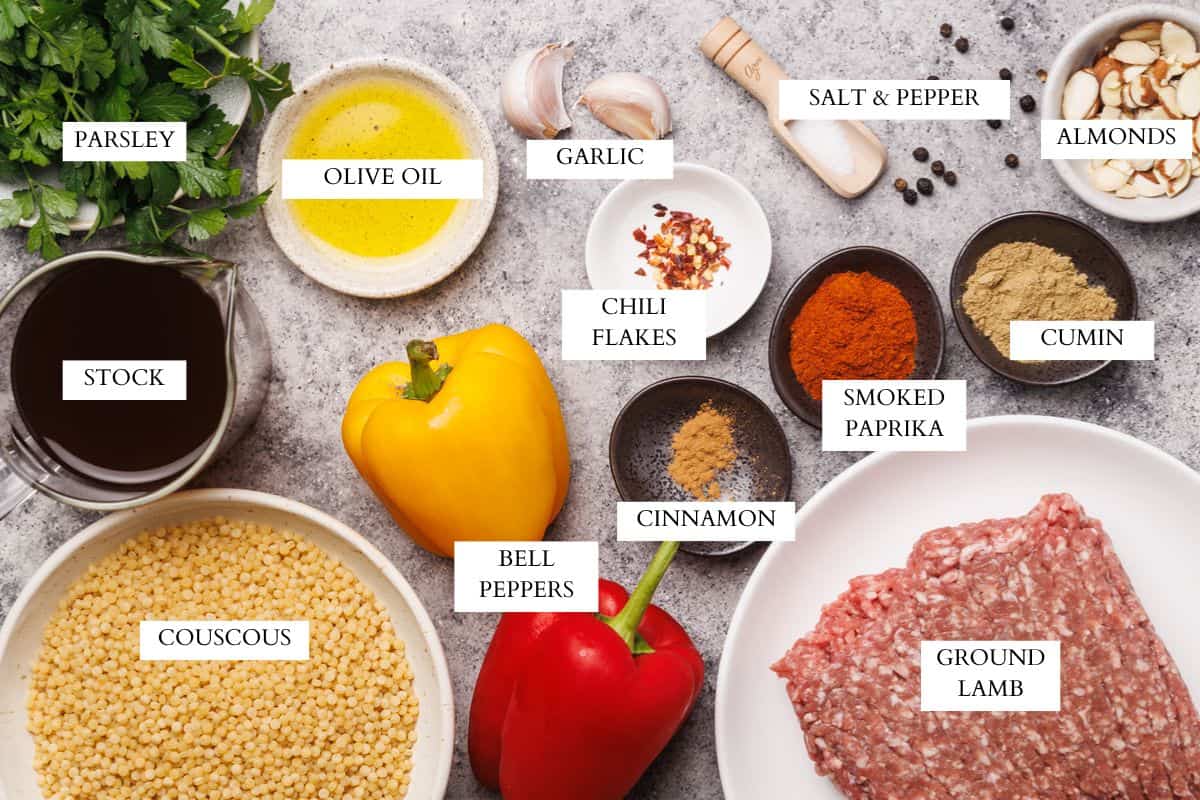 Ingredients laid out to make lamb couscous.