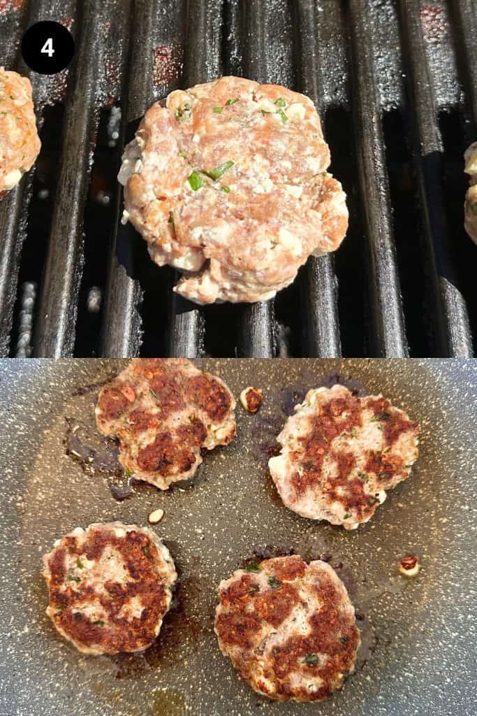Lamb patties being cooked on the BBQ and in the pan.