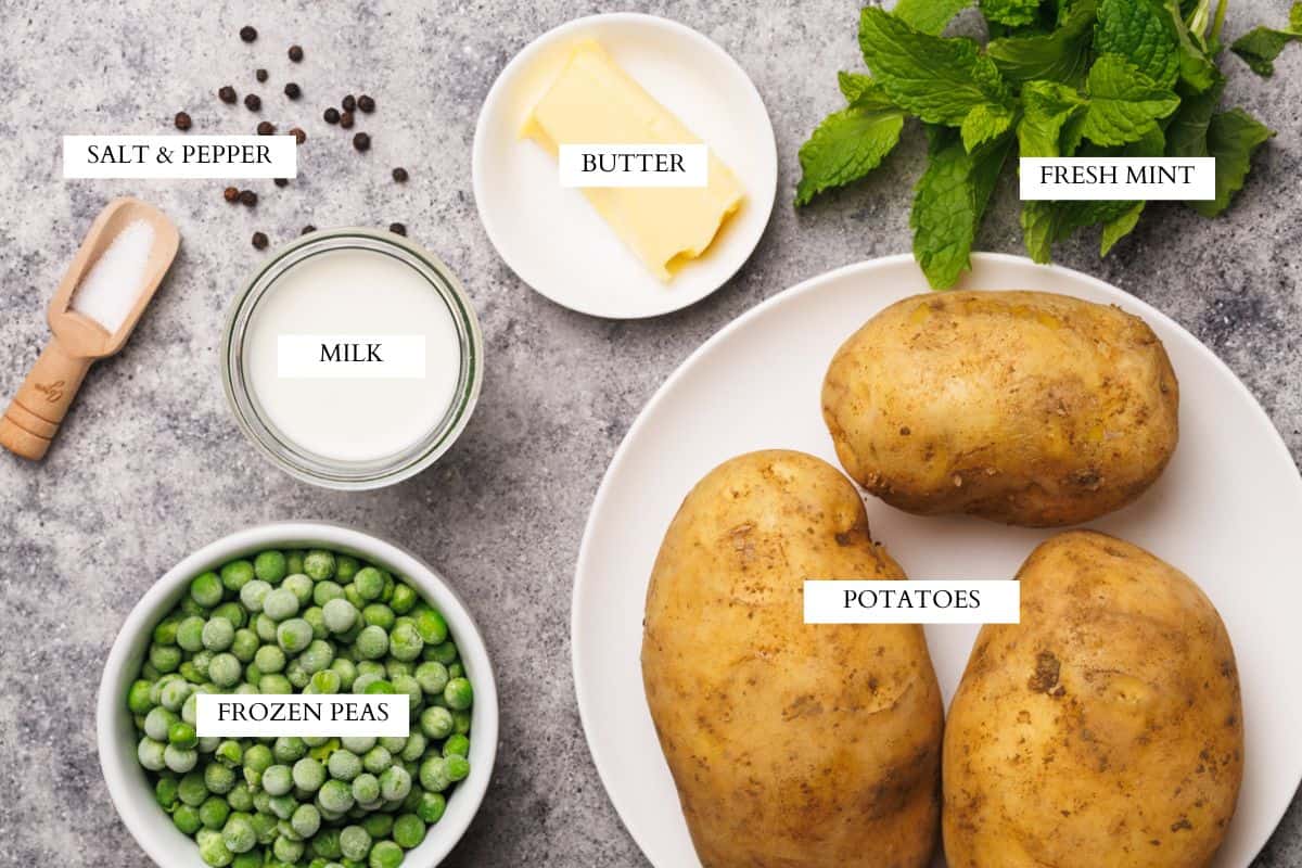 Ingredients laid out to make minty potato pea mash.
