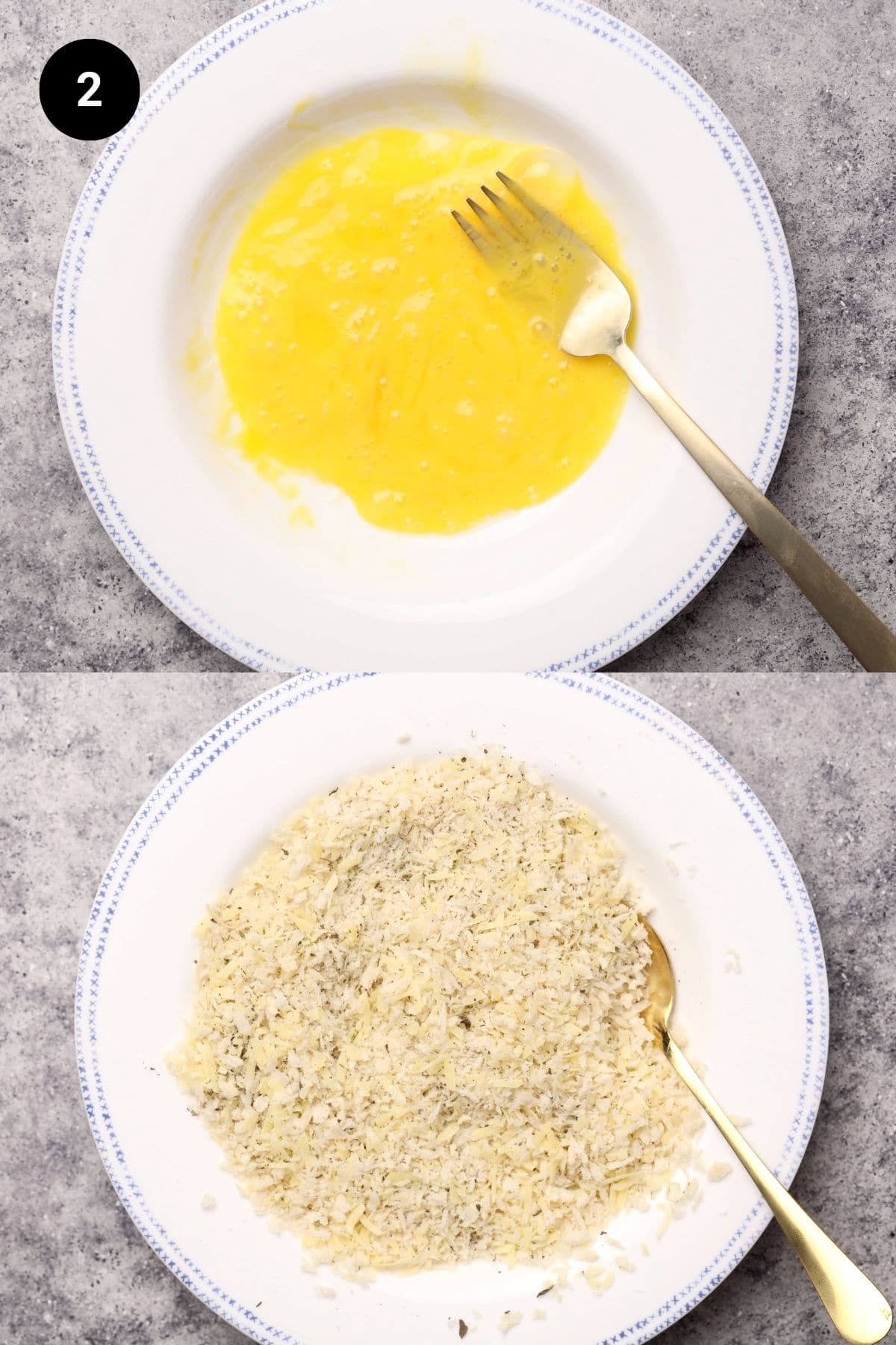 Breading station showing whisked egg in a bowl at the top and seasoned crumbs in a bowl at the bottom.