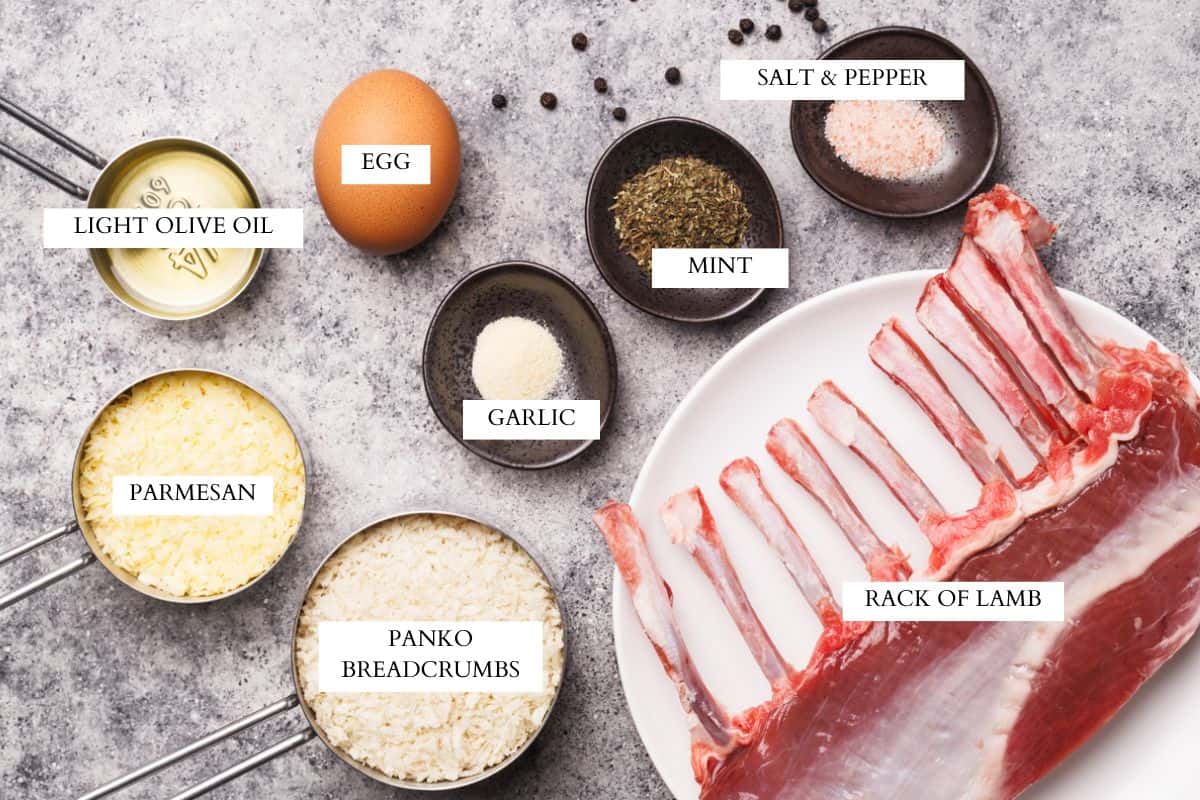 Ingredients laid out to make parmesan crusted lamb chops.