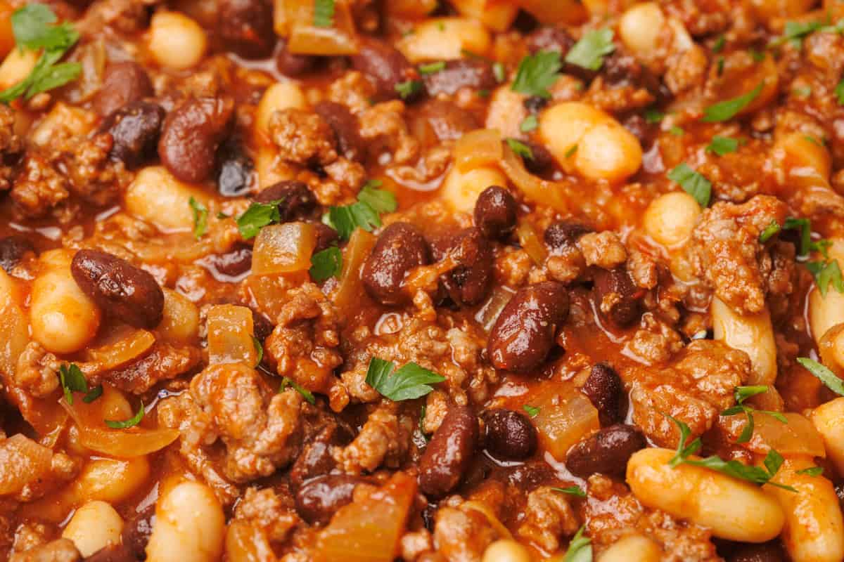 Close up of hamburger baked beans.