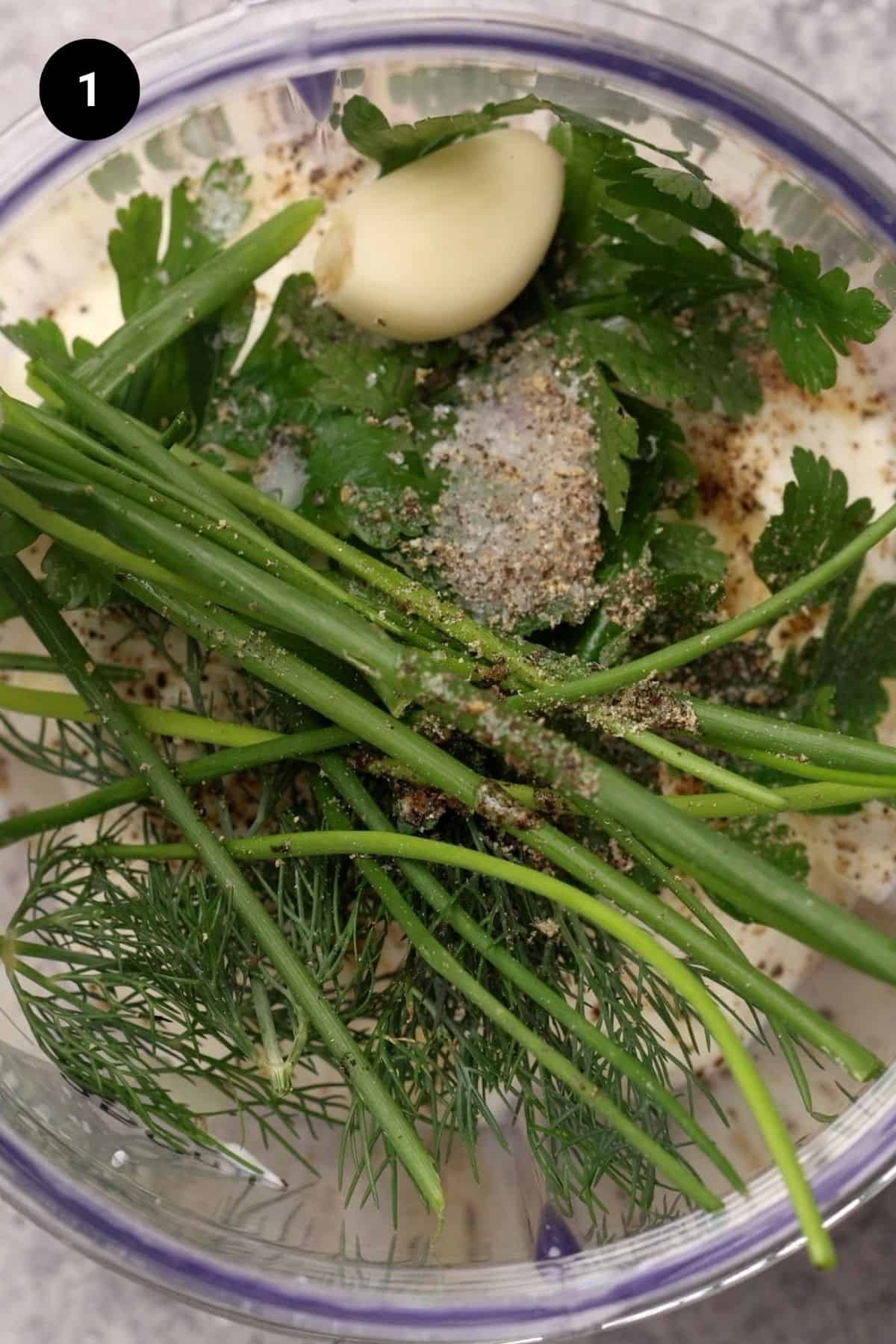 Ranch dressing ingredients in a blender before blending.