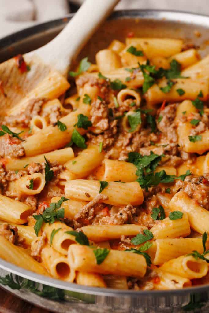 Close-up of the beef pasta in a pan.