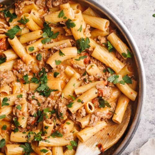 Beef pasta in a large pan.