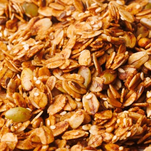Close-up shot of the baked olive oil granola.