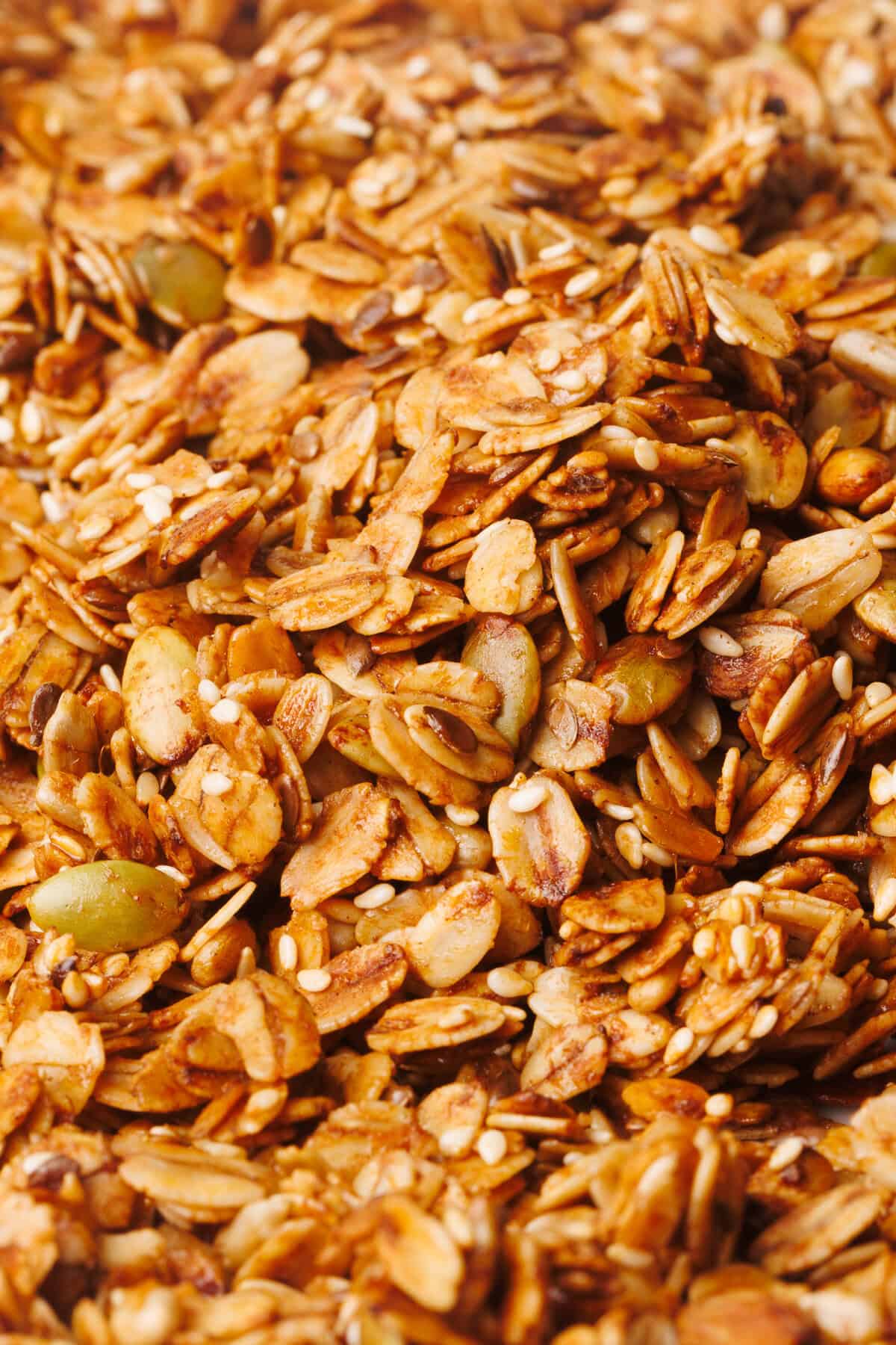 Close-up shot of the baked olive oil granola.