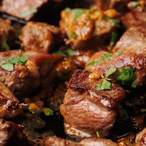 Close-up of lamb steak bites.