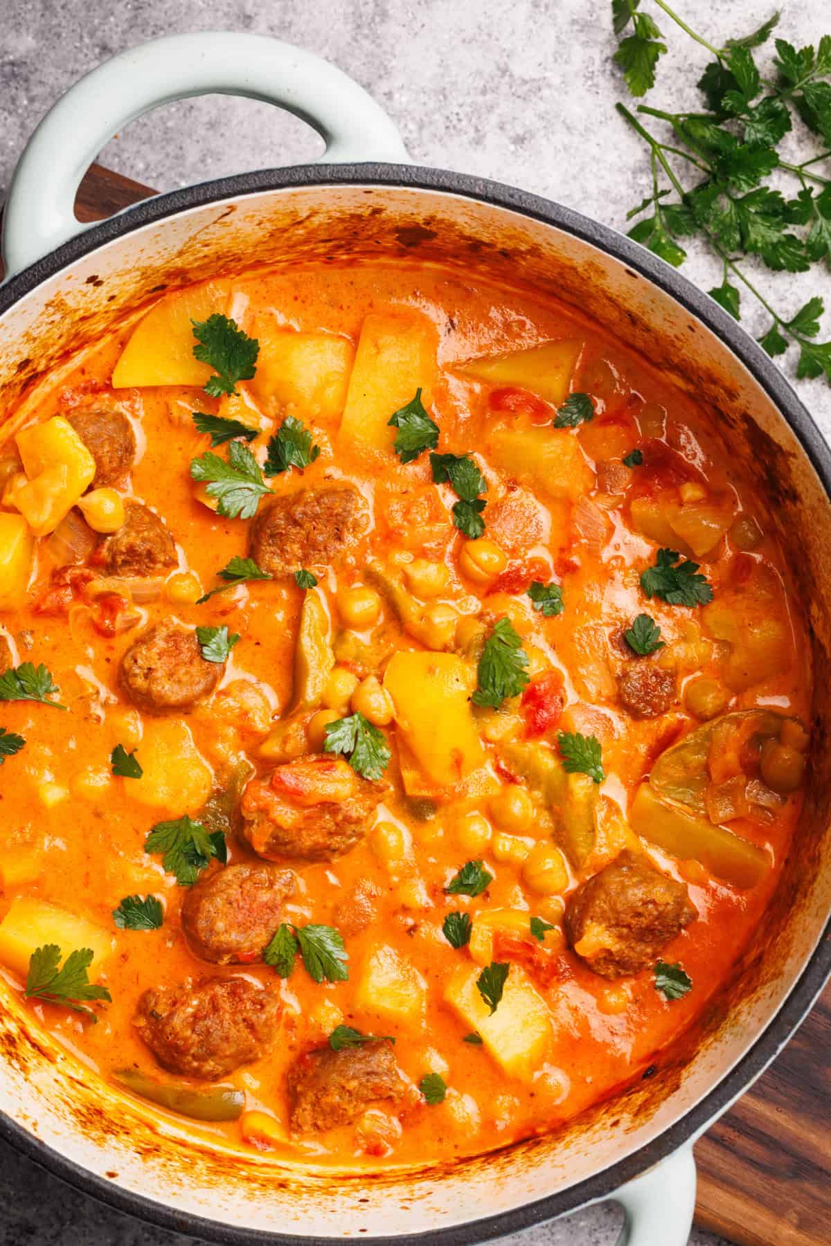 Chorizo and chickpea stew in a Dutch oven.